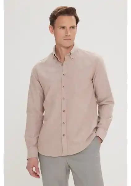 Altınyılz Classics Erkek Vizon Düğmeli Yaka Slim Fit Oxford Gömlek Günlük ve Şık Kullanım İçin
