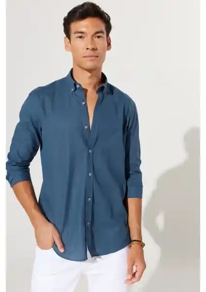 Altınyılz<dı>z Classics Erkek Koyu Petrol Slim Fit Düğmeli Yaka Keten Görünümlü Gömlek