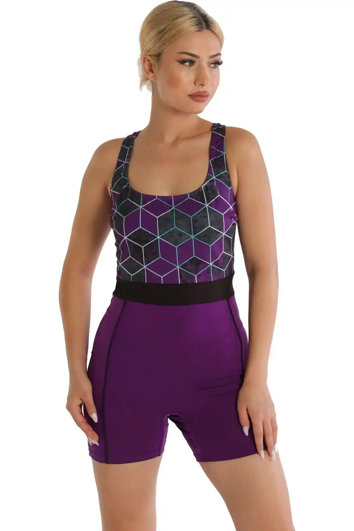 Argisa Desenli Şortlu Yüzücü Mayo Büyük Beden Mor Renk Modern Tasarım