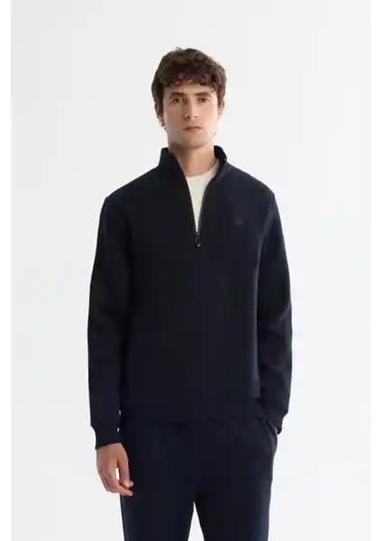 AVVA Erkek Lacivert Dik Yaka Fermuarlı 3 İplik Şardonlu Regular Fit Sweatshirt