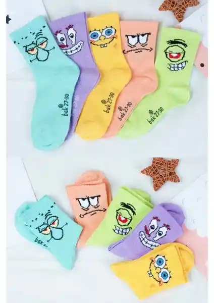Bgk 5 Çift Çocuk Sünger Bob Desenli Çorap Renkli ve Dayanıklı Günlük Kullanım İçin