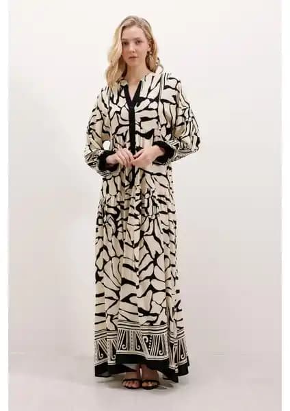 Bigdart 2423 Otantik Desenli Elbise Siyah Kadın Elbisesi Modern ve Şık Tasarım