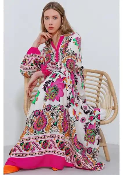 Bigdart Kadın Fuşya Krem Desenli Viskon Tesettür Elbise Şıklık ve Konfor Sunar