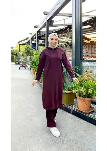 Bwest Uzun Tunik Kapşonlu İkili Spor Takım Mürdüm Renkli Modern Tasarım