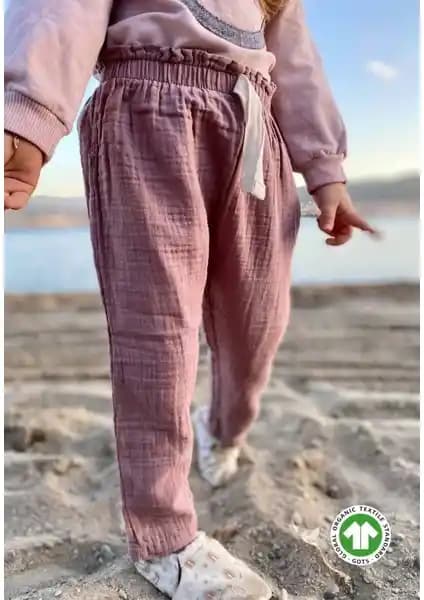 Cigit Organic Beli Fırfırlı Geniş Kesim Müslin Pantolon 1-8 Yaş Kız Çocukları İçin Doğal ve Rahat Giyim Seçeneği