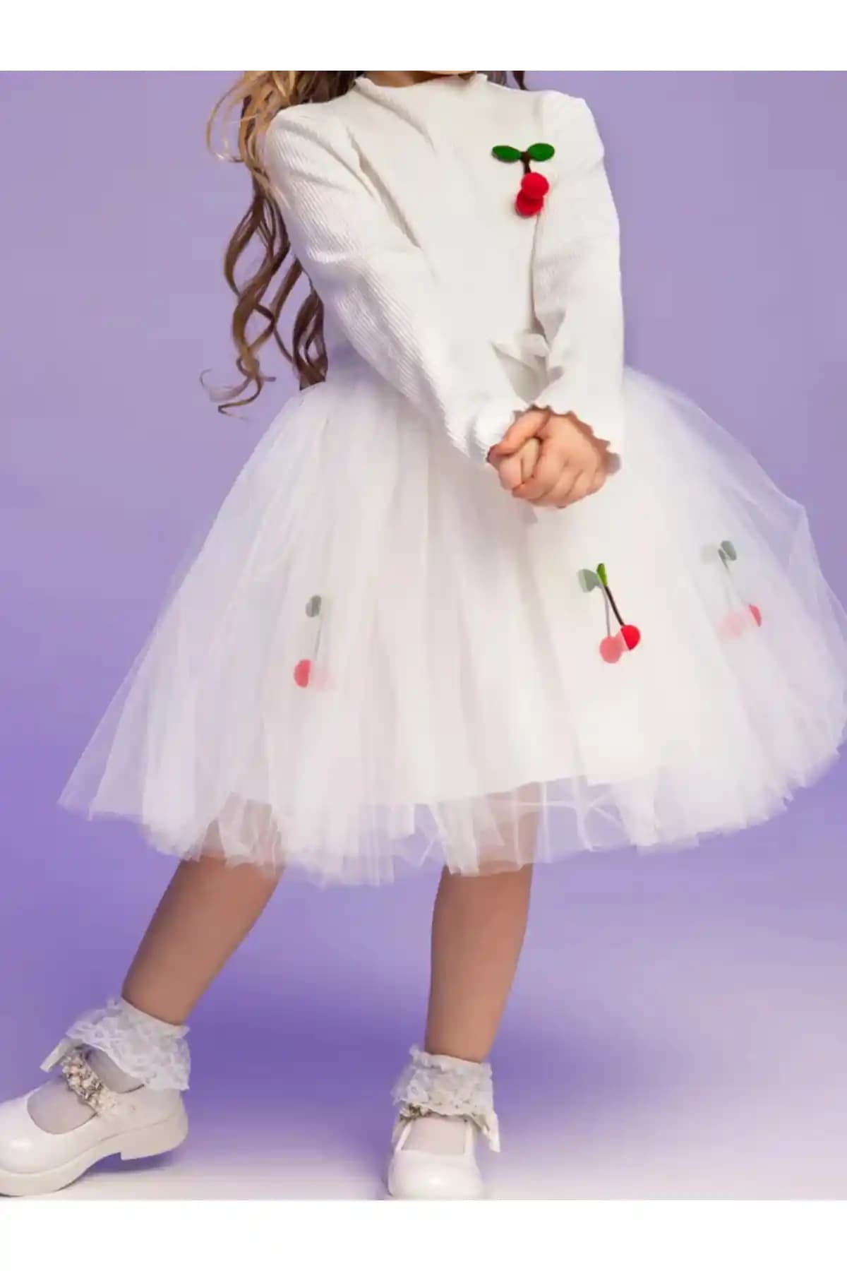 Çocuklar İçin Şık ve Rahat Kirazlı Uzun Kollu Pamuk Astarlı Tütü Etek Elbise