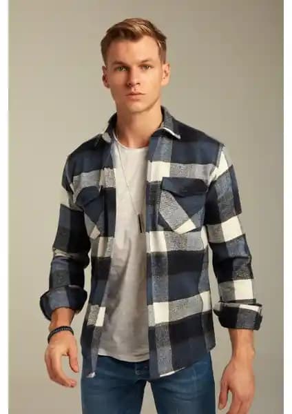 Cool Tarz Erkek Slim Fit Ekose Gömlek Düğmeli Yaka Çift Cepli Mavi Kışlık Giyim