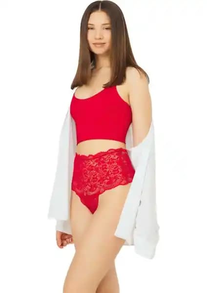 Cottonhill Kırmızı Dantelli Yüksek Bel Kadın Tanga Külot Şıklık ve Konfor Sunar