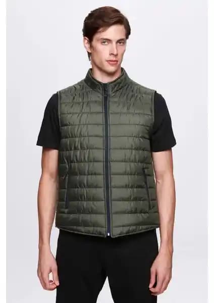 D'S Damat Haki Dik Yaka Elyaf Dolgulu Fermuarlı Yelek Mont Erkek Modası