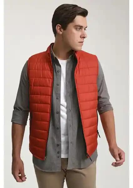 D'S Damat Kiremit Renkli Regular Fit Elyaf Dolgulu Mevsimlik Fermuarlı Yelek Mont