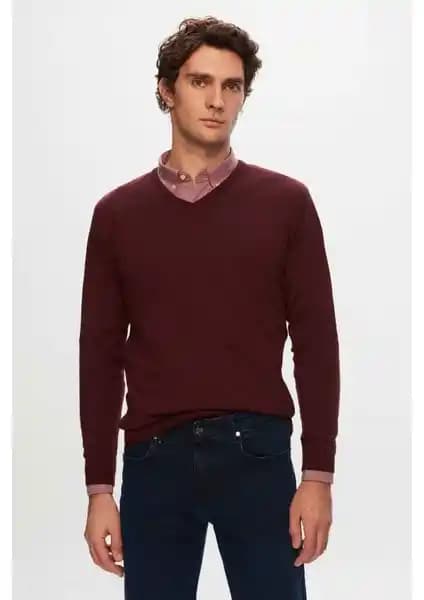 D'S Damat Regular Fit Bordo V Yaka Triko Kazak Erkekler İçin Şık ve Konforlu Kışlık Giyim
