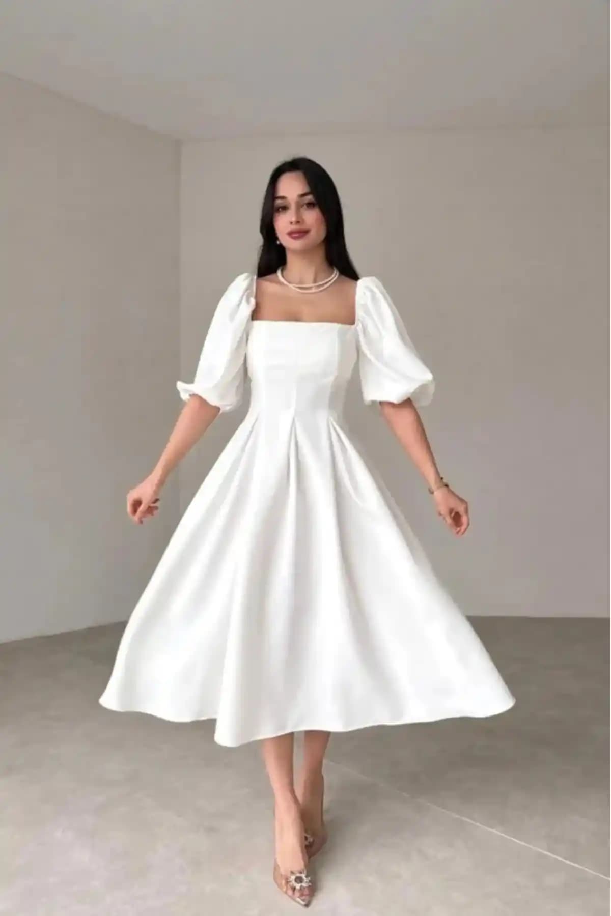 Daem Butik Kadın Beyaz Kare Yaka Balon Kol Midi Boy Elbise Modern ve Şık Tasarım