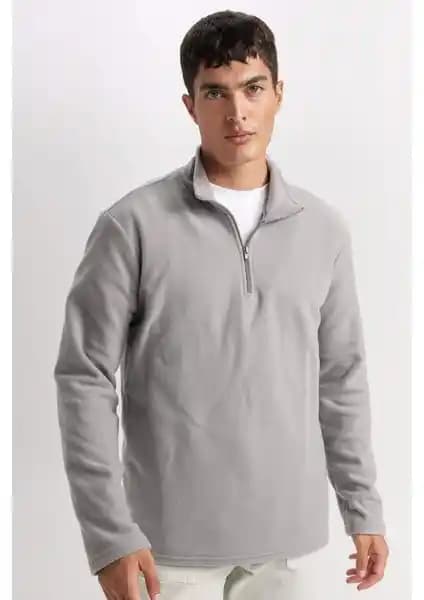 DeFacto Gri Gri Tüylenme Yapmayan Polar Sweatshirt Regular Fit Dik Yaka Fermuarlı