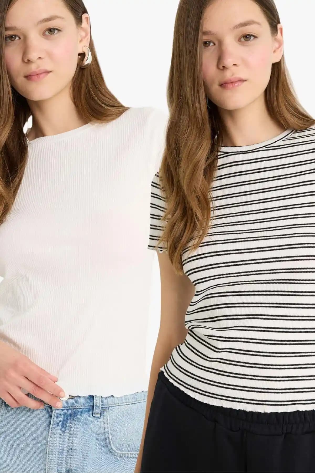 DeFacto Kadın Regular Fit Bisiklet Yaka 2'li Fitilli Kaşkorse Tişört Seti