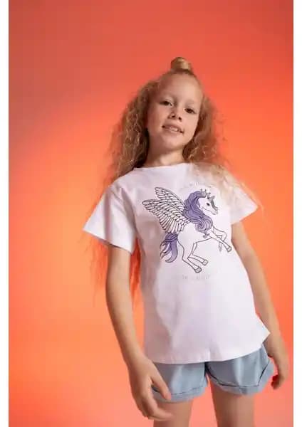 DeFacto Kız Çocuk Regular Fit Bisiklet Yaka Baskılı Pamuklu Tişörtleri Günlük ve Spor Kullanımına Uygun