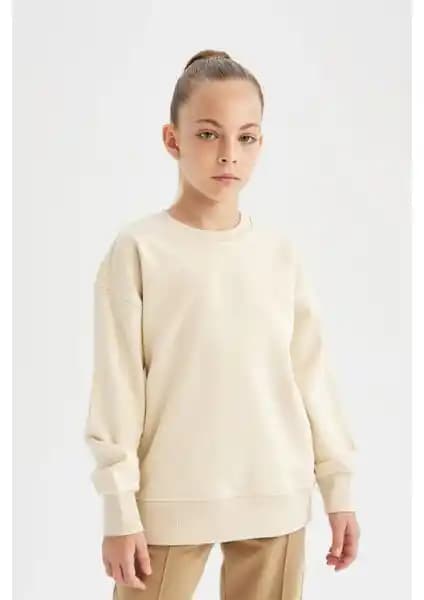 DeFacto Kız Çocuk Relax Fit Bisiklet Yaka Pamuklu Düz Sweatshirt 8-14 Yaş