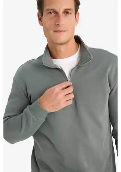 DeFacto Rahat Kalıp Fermuarlı Dik Yaka Basic Sweatshirt Günlük ve Spor Kullanım İçin