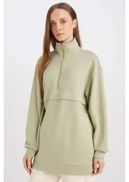 DeFacto Yarım Fermuarlı Dik Yaka Basic Düz Sweatshirt Kadın Günlük Moda Parçası