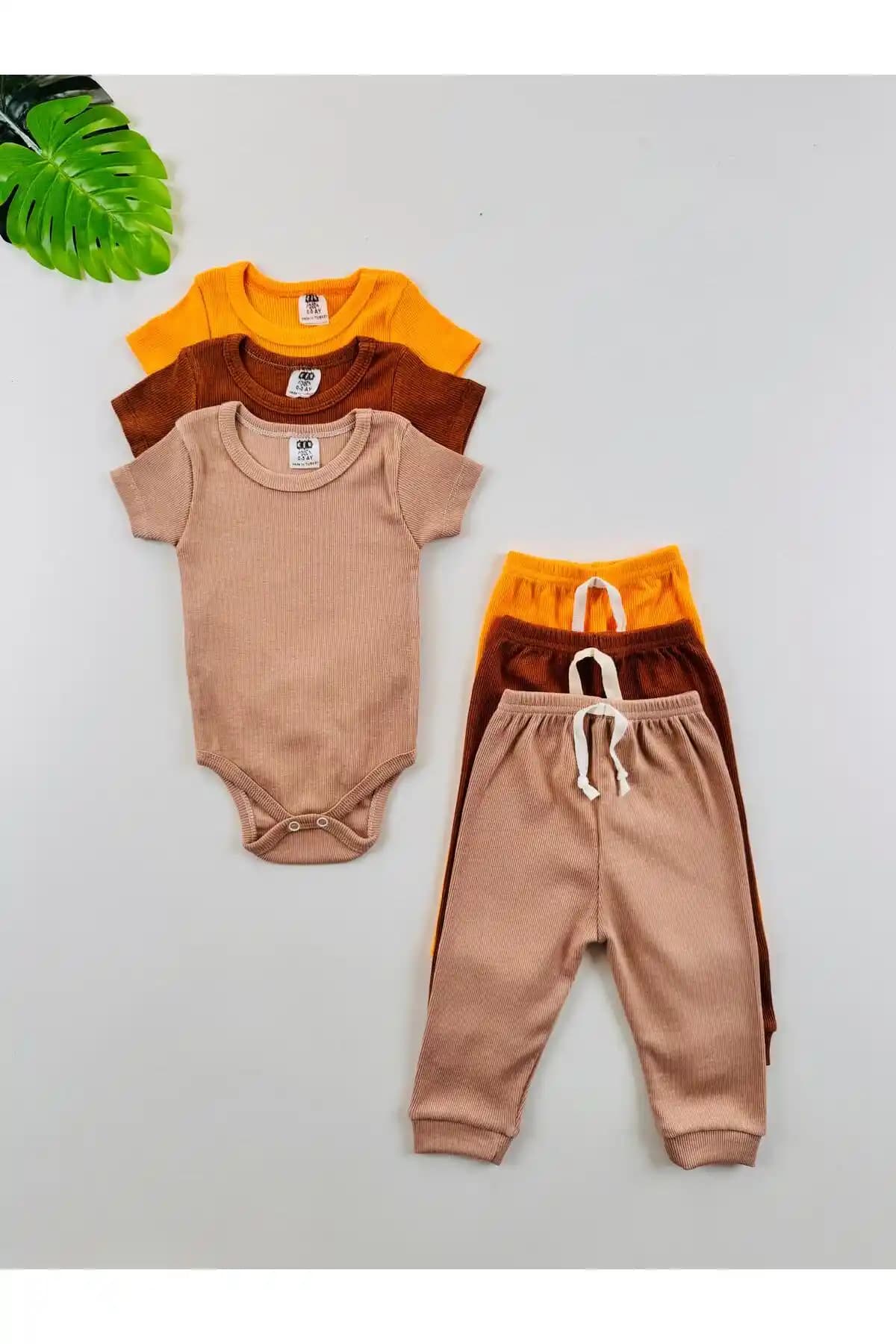 EFU BABY 3'lü Unisex Esnek Kısa Kollu Bebek Body ve Pantolon Takımı