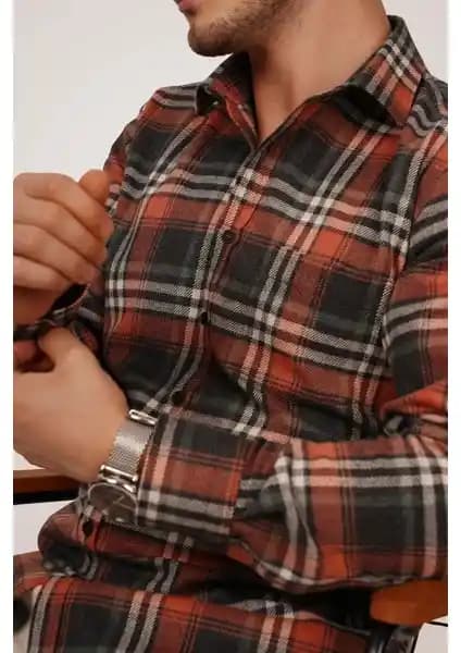 Etikmen Kiremit Çizgili Slimfit Oduncu Erkek Gömlek Günlük ve Şık Kullanım İçin