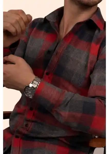 Etikmen Kırmızı Gri Dama Desenli Slimfit Erkek Gömlek Günlük ve Şık Kullanım İçin
