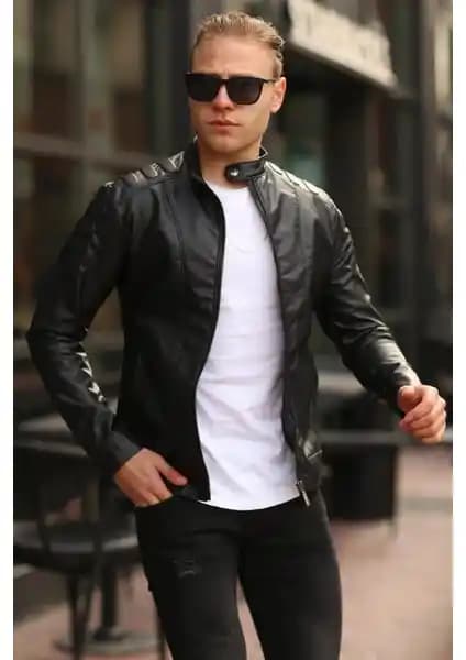 Famoda Erkek Omuz Detaylı Deri Ceket Günlük Kullanım ve Moda Trendlerine Uygun