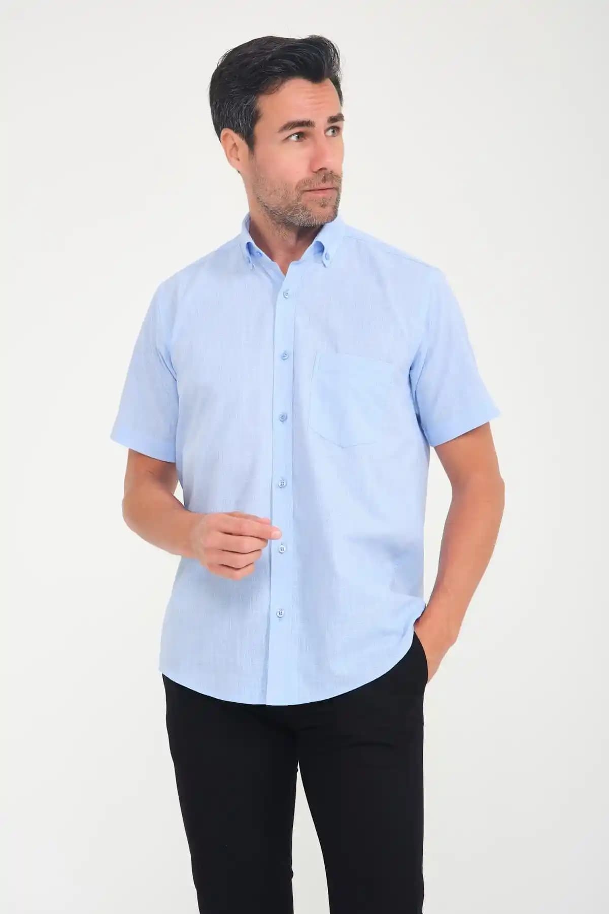 Fitmens Erkek Klasik Kısa Kol Linen Keten Yaka Düğmeli Gömlek Günlük ve Şık Kullanım İçin