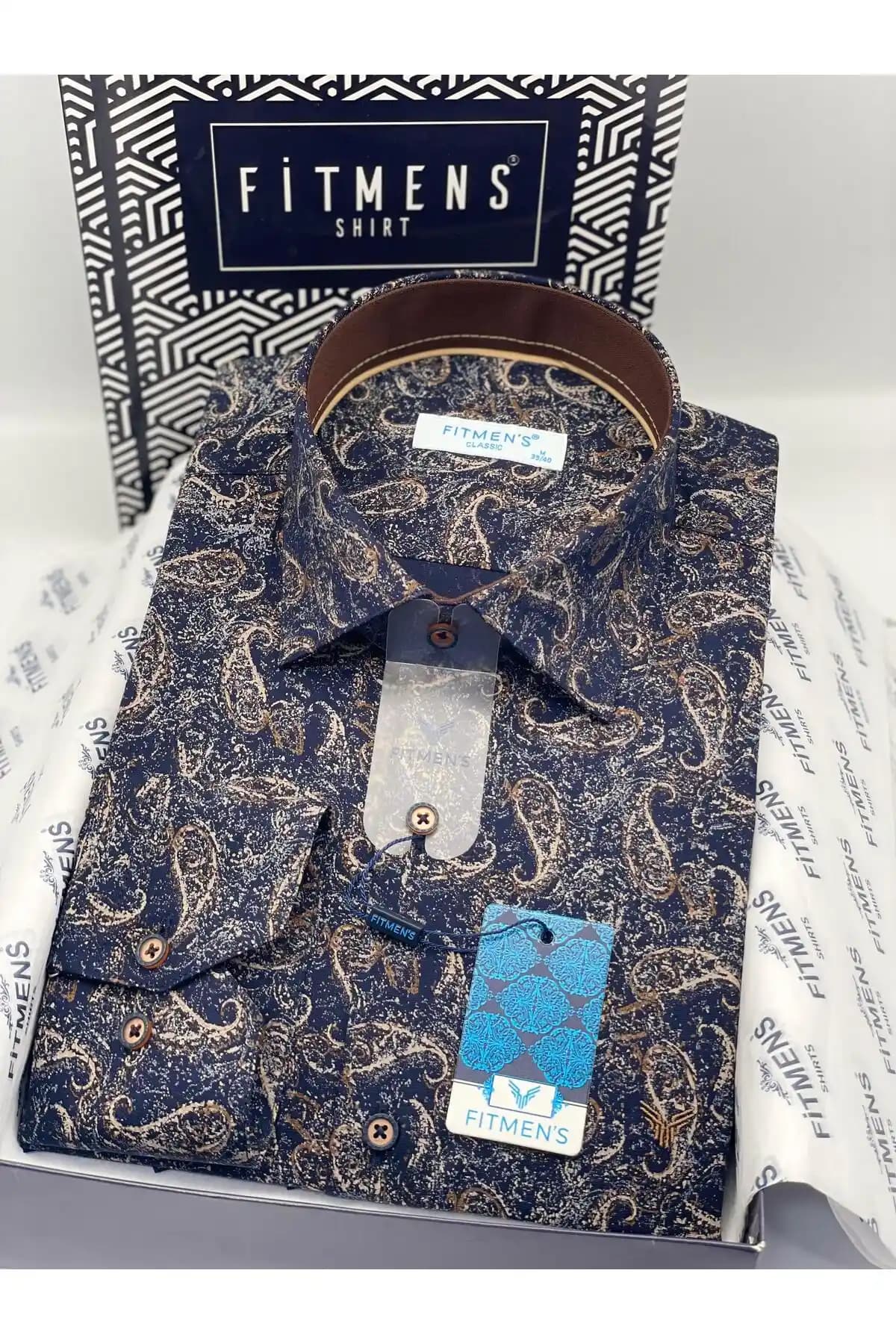 Fitmens Klasik Uzun Kol Likralı Cepsiz Şal Desen Erkek Gömlek Günlük ve Resmi Kullanım İçin