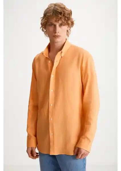 Grimelange BRICE Erkek %100 Keten Kumaşlı Mandalina Gömlek Modern ve Şık Tasarım