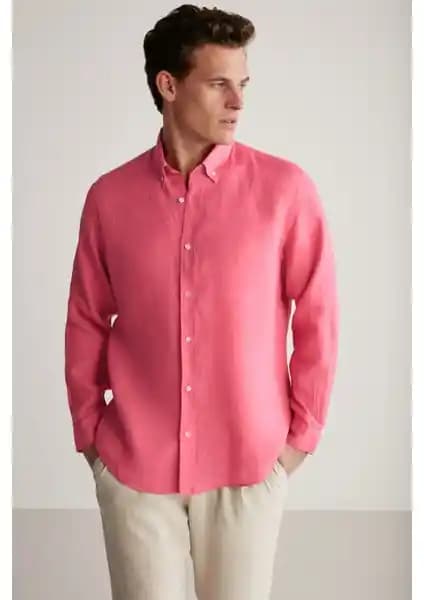 Grimelange BRICE Erkek %100 Keten Pembe Gömlek Modern ve Konforlu Tasarım
