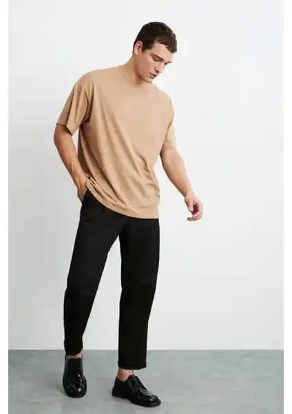 Grimelange Jett Erkek Oversize Fit Organik Pamuk Kahverengi T-shirt Modern ve Rahat Stil