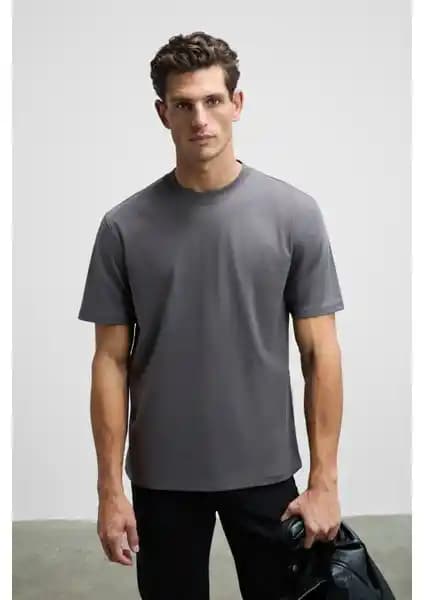 Grimelange Solo Erkek Organik Pamuklu Comfort Fit Bisiklet Yaka Antrasit T-Shirt