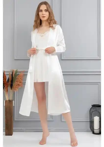 Güzel ve Rahat Kadın İç Giyim Seti: Saten Gecelik ve Sabahlık Takımı 260