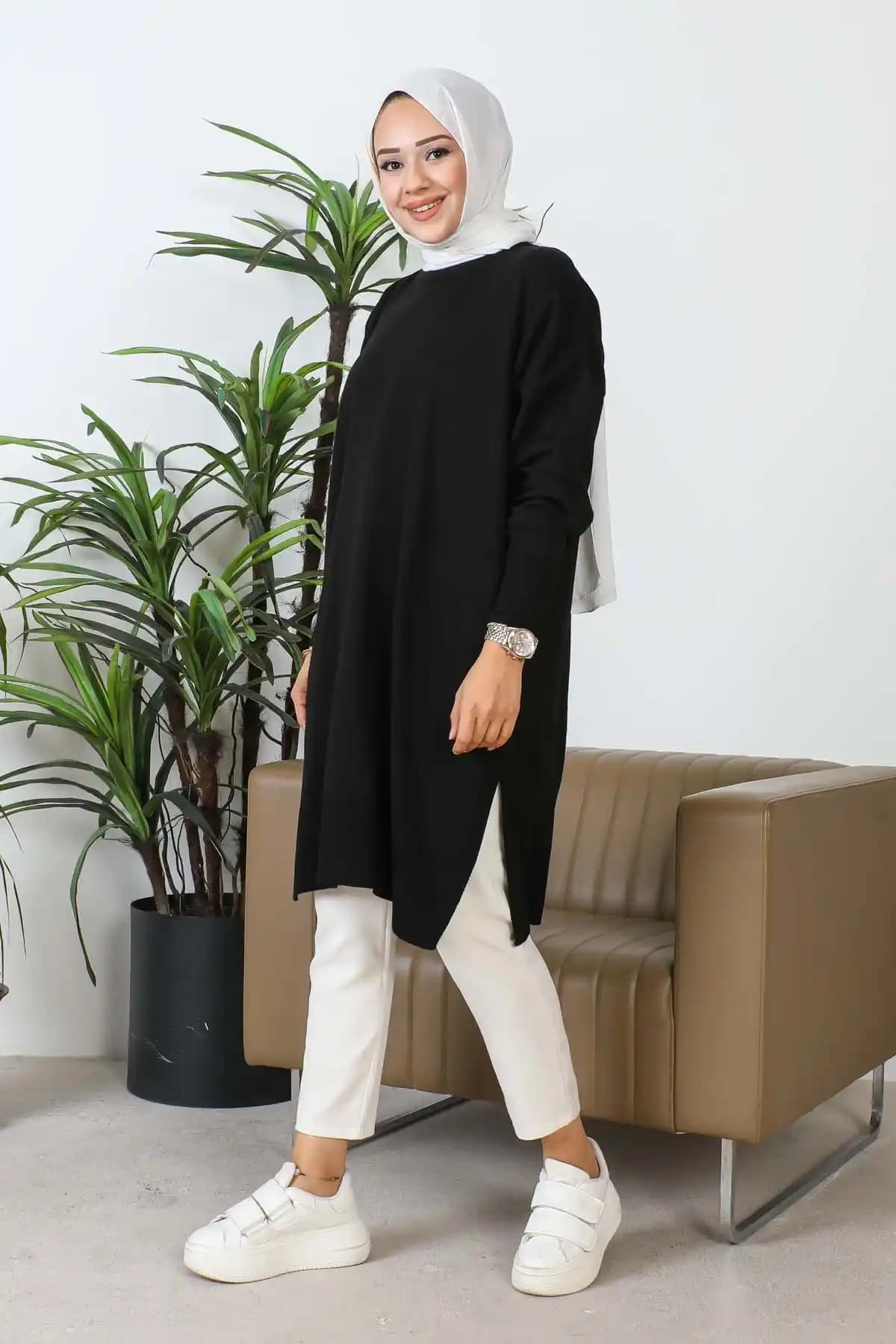 İmajButik Siyah Bisiklet Yaka Merserize Salaş Triko Tunik Günlük ve Şık Kullanım