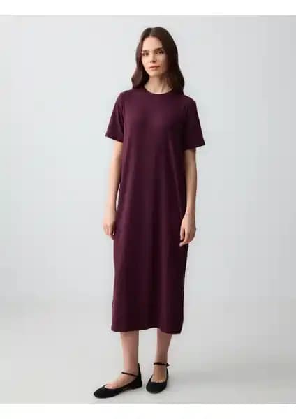 Jimmy Key Bordo Düz Kesim Bisiklet Yaka Kısa Kollu Örme Elbise - Günlük ve Şık Kullanım İçin