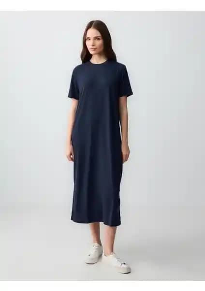Jimmy Key Lacivert Düz Kesim Kısa Kollu Bisiklet Yaka Elbise - Günlük Şıklık ve Konfor Sunar