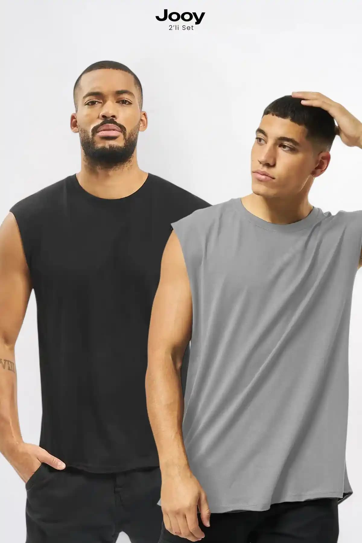 Jooy 2'li Erkek Spor Atletleri Oversize Kolsuz T-Shirt Seti Modern ve Rahat Tasarım