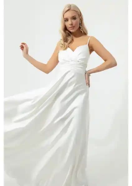 Lafaba Kadın Ekru İp Askılı Bel Kemerli Saten Uzun Abiye ve Mezuniyet Elbisesi