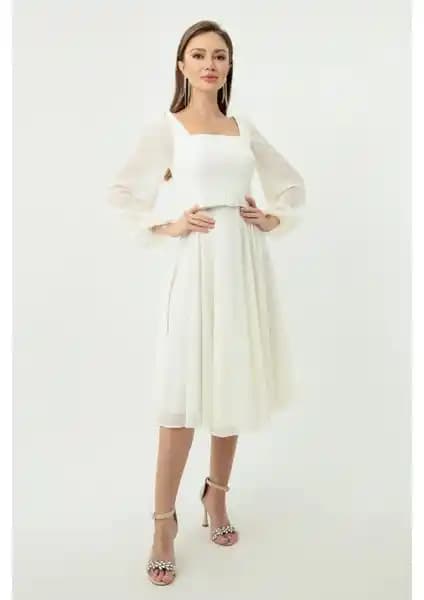 Lafaba Kadın Ekru Kare Yaka Kemerli Midi Şifon Abiye Elbise Özellikleri ve Tasarım Detayları