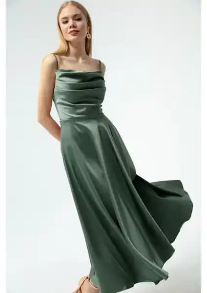 Lafaba Kadın Firuze Saten Volanlı Yırtmaçlı Midi Elbise - Şık ve Modern Tasarım