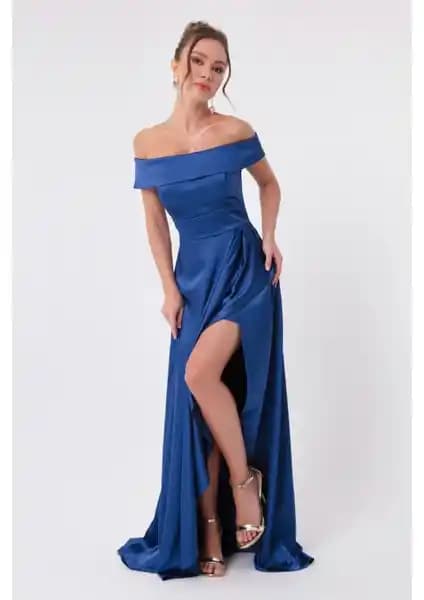 Lafaba Kadın Indigo Kayık Yaka Saten Abiye ve Mezuniyet Elbisesi Detaylı Tanıtımı