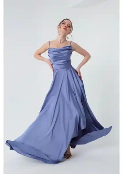 Lafaba Kadın Indigo Volanlı Yırtmaçlı Saten Abiye ve Mezuniyet Elbisesi Tasarımı