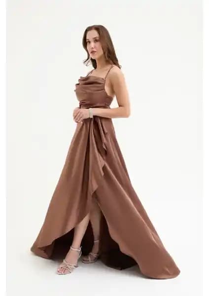 Lafaba Kadın Kahverengi Volanlı Yırtmaçlı Saten Abiye ve Mezuniyet Elbisesi