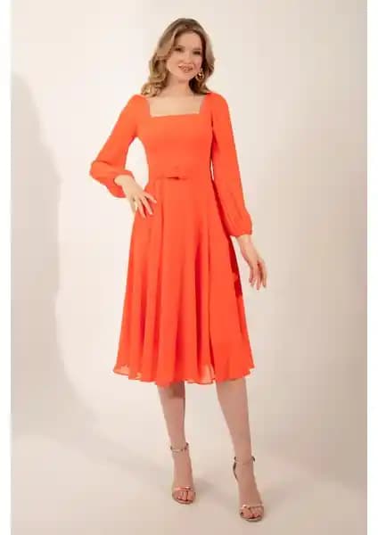Lafaba Kadın Midi Abiye Elbise Turuncu Kare Yaka Kemerli Şifon Tasarım