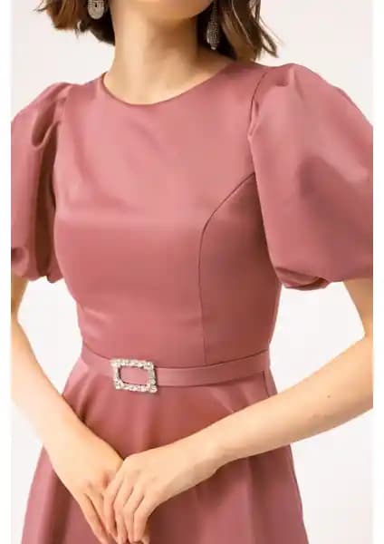 Lafaba Kadın Mini Saten Abiye Elbise Balon Kollu Taşlı Kemer Detaylı Şık Tasarım