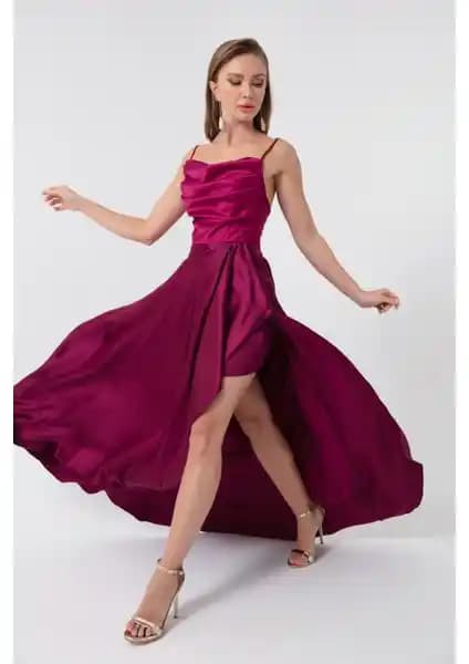 Lafaba Kadın Mürdüm Renkli Volanlı Yırtmaçlı Saten Abiye ve Mezuniyet Elbisesi