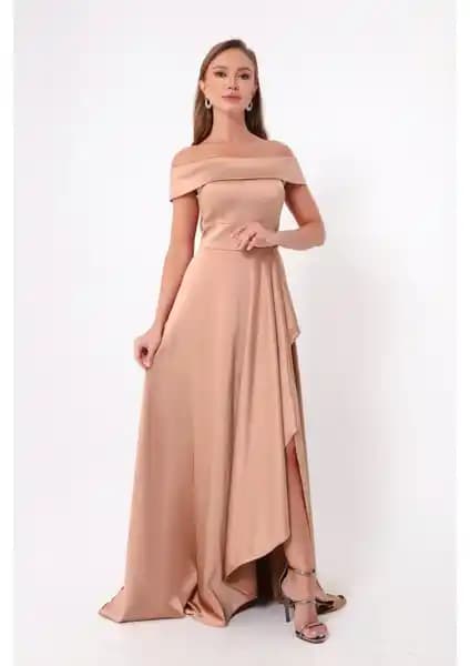 Lafaba Kadın Pudra Renk Kayık Yaka Saten Abiye ve Mezuniyet Elbisesi