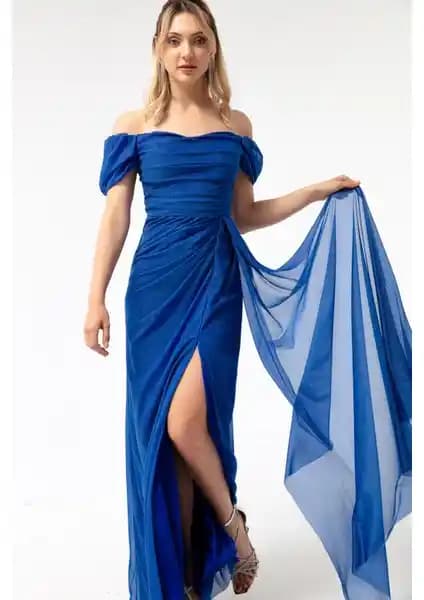 Lafaba Kadın Saks Kayık Yaka Drapeli Uzun Simli Abiye Elbise Detayları ve Kullanım İpuçları