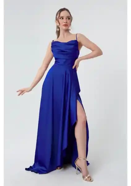 Lafaba Kadın Saks Volanlı Yırtmaçlı Saten Abiye ve Mezuniyet Elbisesi İnceleme ve Özellikleri