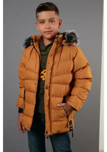 Lela Suni Kürklü Peluş Astarlı Çıkarılabilir Kapüşonlu Erkek Çocuk Montu